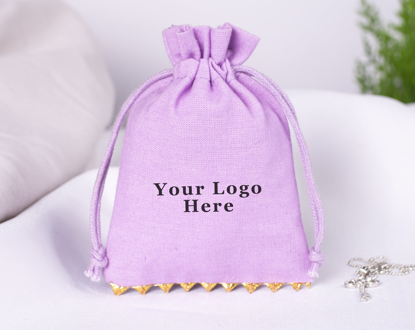 100pcs Golden Lace Light Lavender Designer Cotton Drawstring Pouch, 100% Pure Cotton Pouches