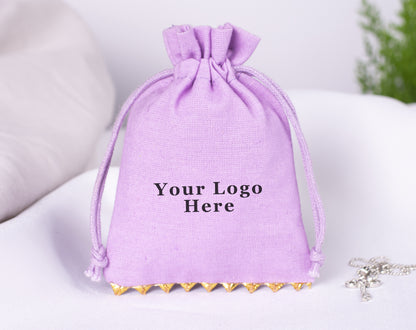 100pcs Golden Lace Light Lavender Designer Cotton Drawstring Pouch, 100% Pure Cotton Pouches
