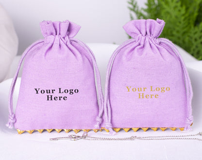 100pcs Golden Lace Light Lavender Designer Cotton Drawstring Pouch, 100% Pure Cotton Pouches