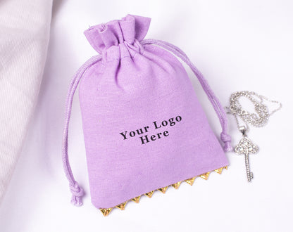 100pcs Golden Lace Light Lavender Designer Cotton Drawstring Pouch, 100% Pure Cotton Pouches