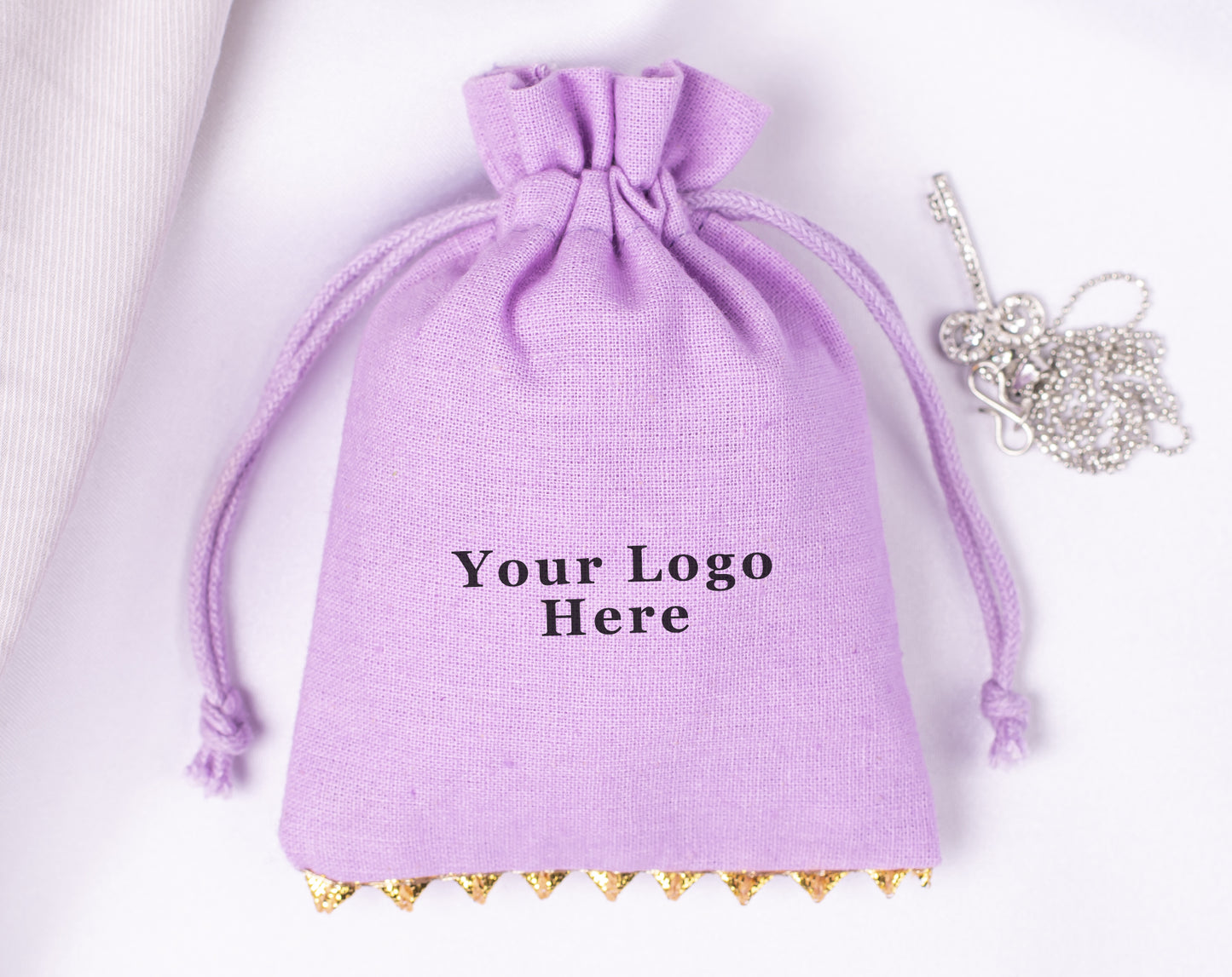 100pcs Golden Lace Light Lavender Designer Cotton Drawstring Pouch, 100% Pure Cotton Pouches