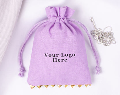 100pcs Golden Lace Light Lavender Designer Cotton Drawstring Pouch, 100% Pure Cotton Pouches