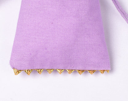 100pcs Golden Lace Light Lavender Designer Cotton Drawstring Pouch, 100% Pure Cotton Pouches