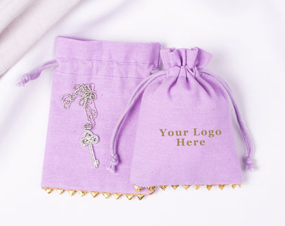100pcs Golden Lace Light Lavender Designer Cotton Drawstring Pouch, 100% Pure Cotton Pouches