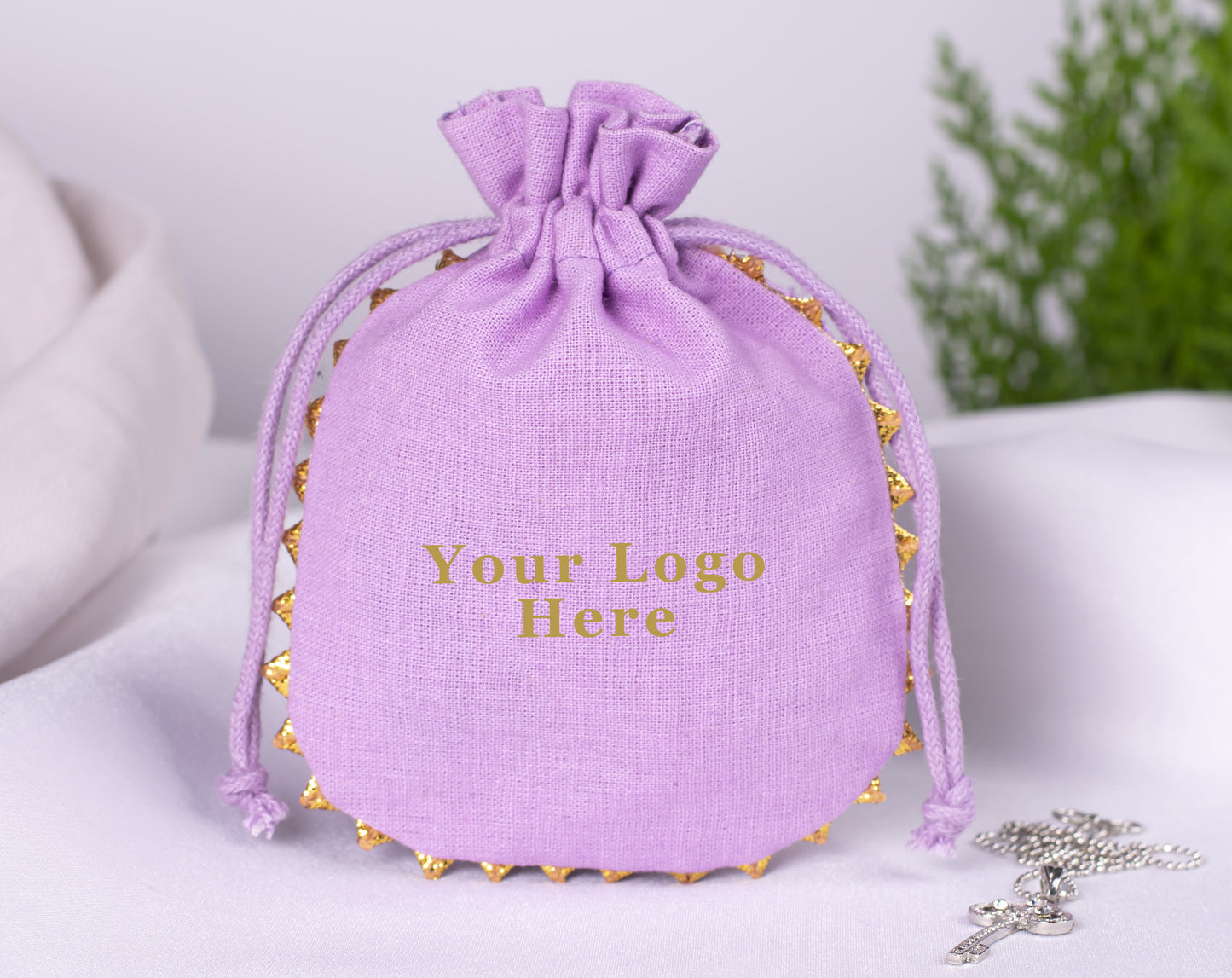 100pcs Round Golden Lace Natural Designer Cotton Pouches With Logo