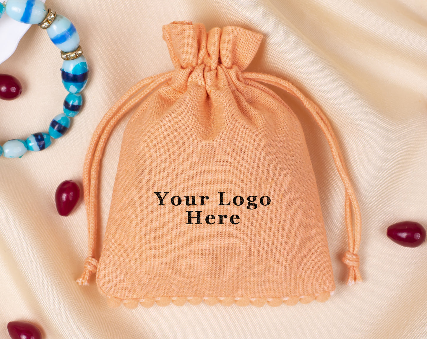 100pcs Light Orange Custom Designer Cotton Drawstring Pouch With Logo