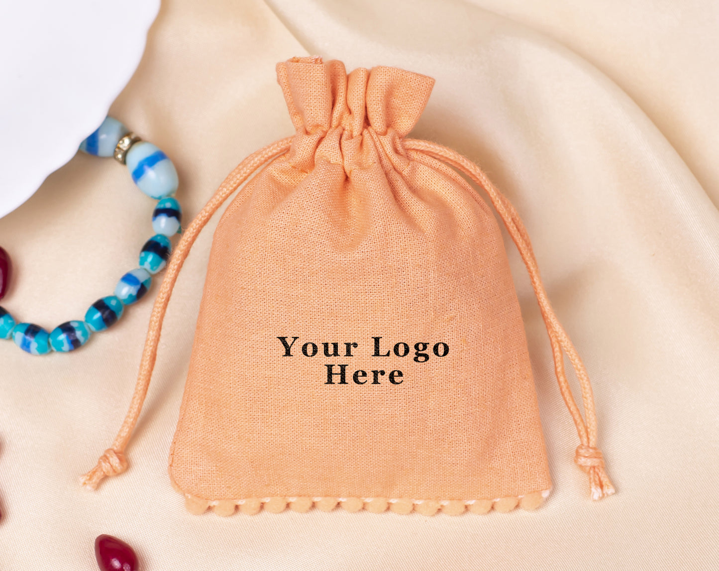 100pcs Light Orange Custom Designer Cotton Drawstring Pouch With Logo