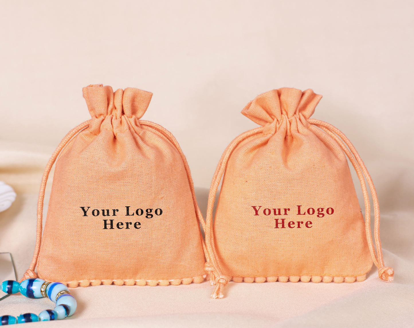 100pcs Light Orange Custom Designer Cotton Drawstring Pouch With Logo