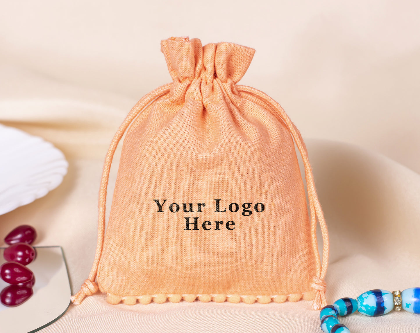 100pcs Light Orange Custom Designer Cotton Drawstring Pouch With Logo