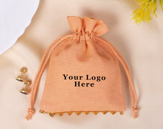 Pack of 100 - Bottom Golden Lace Light Orange Designer Cotton Drawstring Pouch With Logo