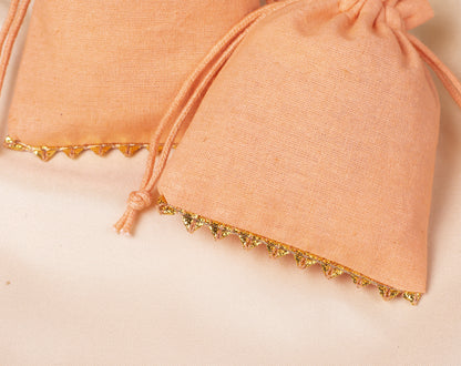 Pack of 100 - Bottom Golden Lace Light Orange Designer Cotton Drawstring Pouch With Logo