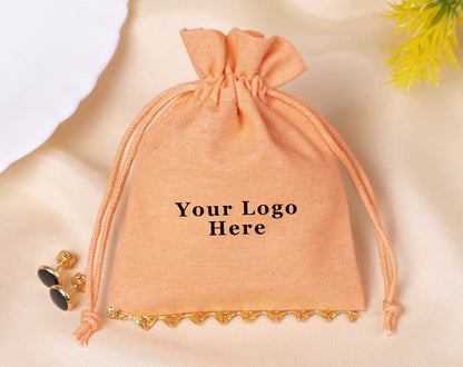 Pack of 100 - Bottom Golden Lace Light Orange Designer Cotton Drawstring Pouch With Logo