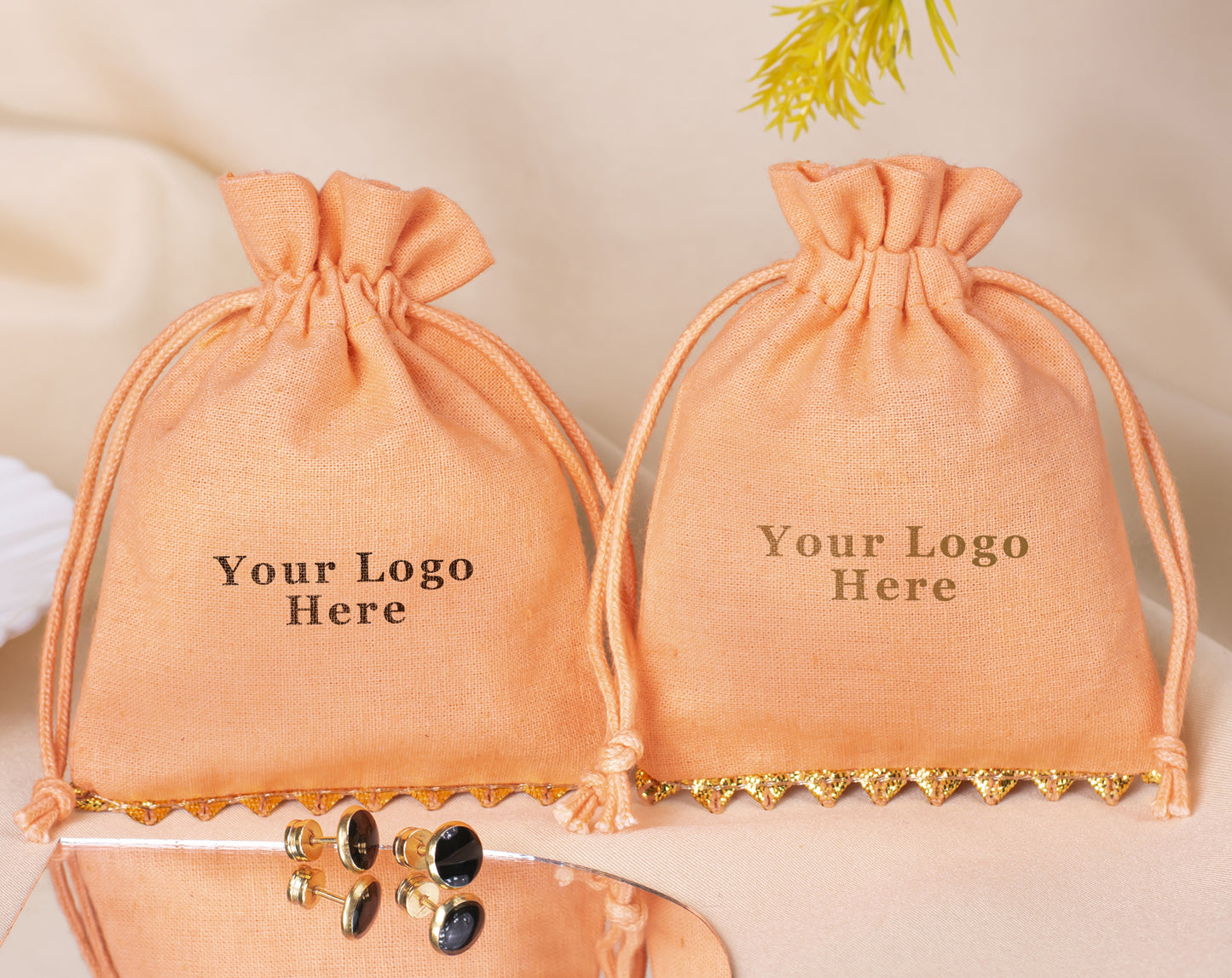 Pack of 100 - Bottom Golden Lace Light Orange Designer Cotton Drawstring Pouch With Logo