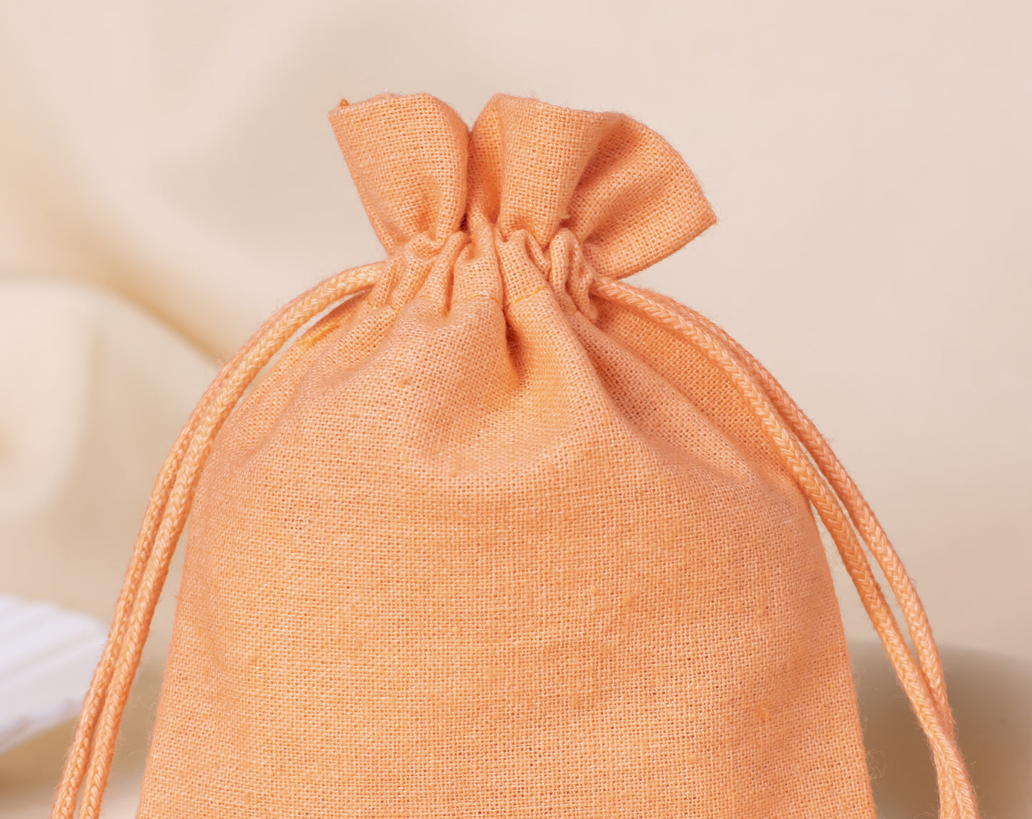 Pack of 100 - Bottom Golden Lace Light Orange Designer Cotton Drawstring Pouch With Logo