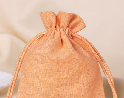 Pack of 100 - Bottom Golden Lace Light Orange Designer Cotton Drawstring Pouch With Logo