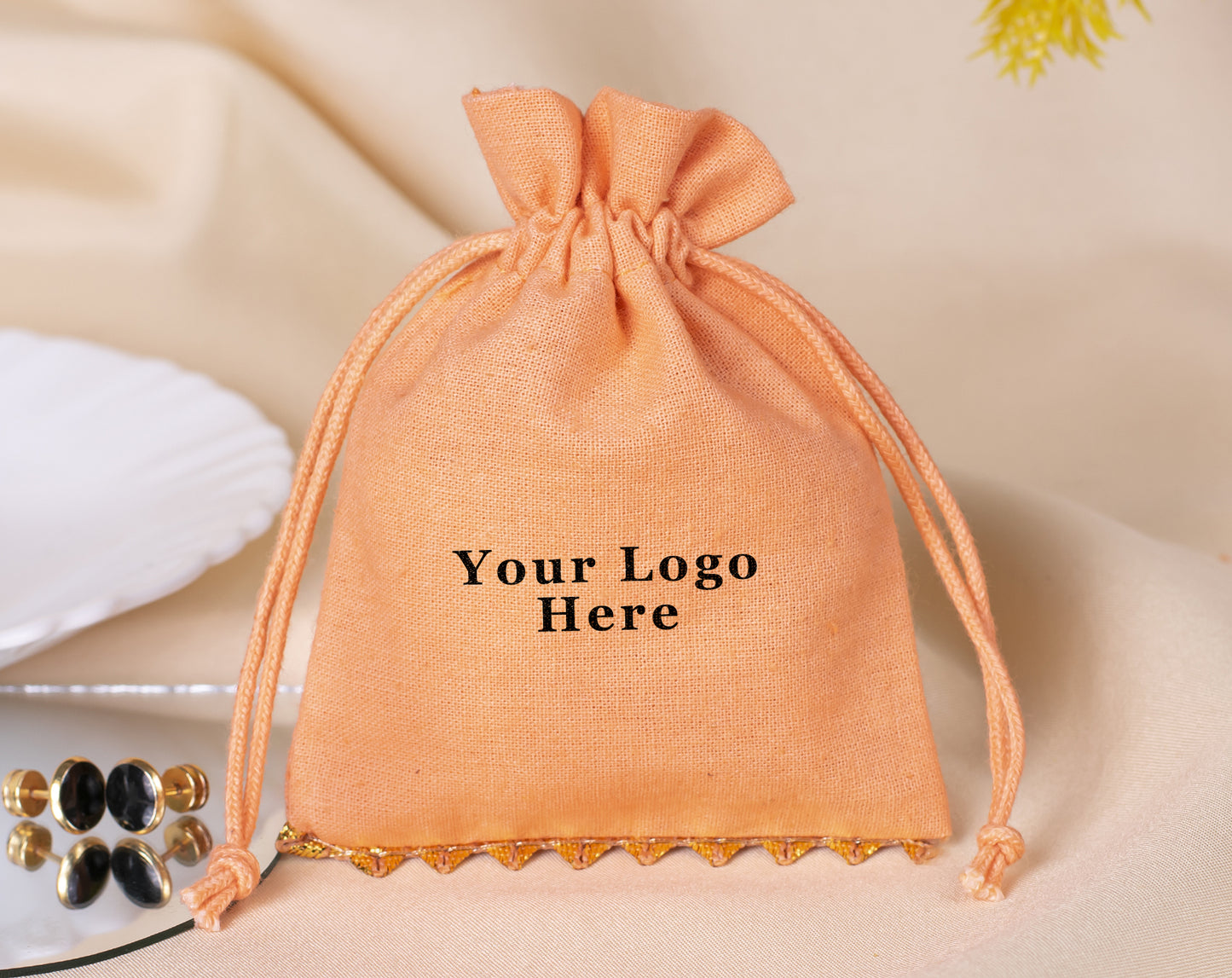 Pack of 100 - Bottom Golden Lace Light Orange Designer Cotton Drawstring Pouch With Logo