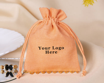 Pack of 100 - Bottom Golden Lace Light Orange Designer Cotton Drawstring Pouch With Logo
