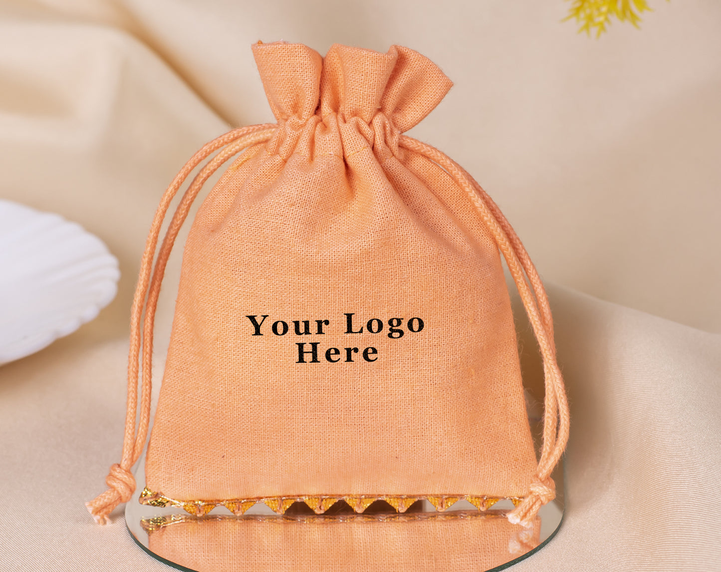 Pack of 100 - Bottom Golden Lace Light Orange Designer Cotton Drawstring Pouch With Logo