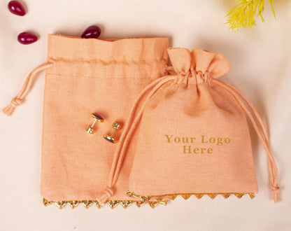 Pack of 100 - Bottom Golden Lace Light Orange Designer Cotton Drawstring Pouch With Logo