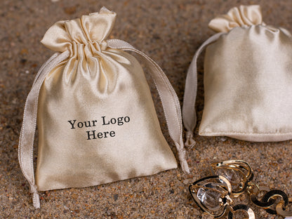 Pack of 100 - Beige Satin Drawstring Pouch With Logo in Wholesale & Bulk