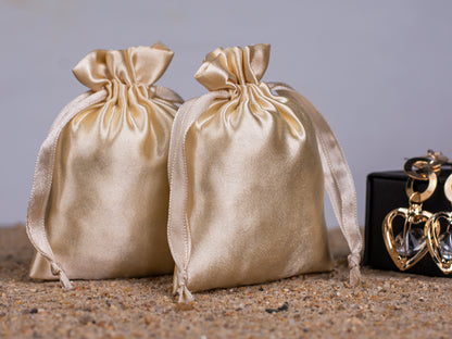 Pack of 100 - Beige Satin Drawstring Pouch With Logo in Wholesale & Bulk