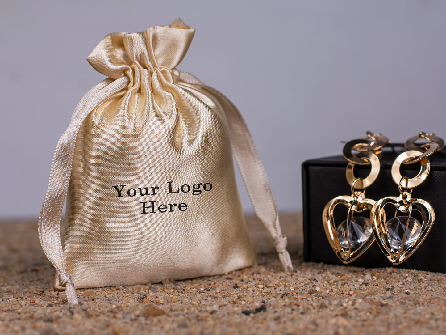 Pack of 100 - Beige Satin Drawstring Pouch With Logo in Wholesale & Bulk