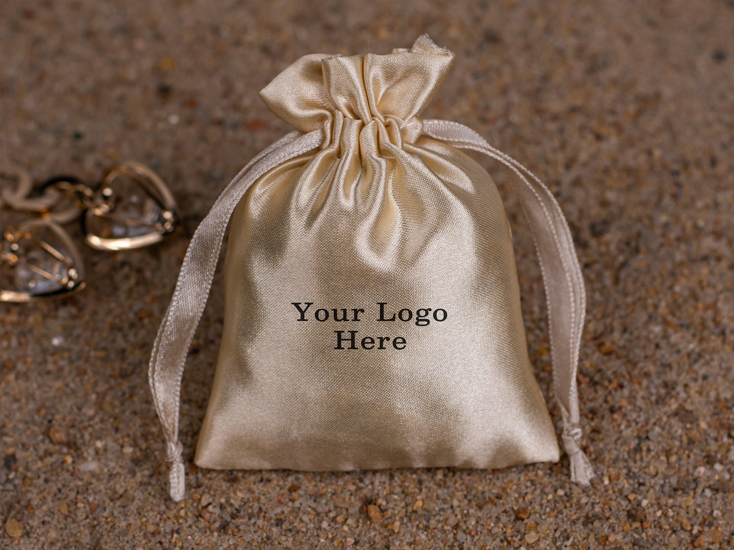 Pack of 100 - Beige Satin Drawstring Pouch With Logo in Wholesale & Bulk