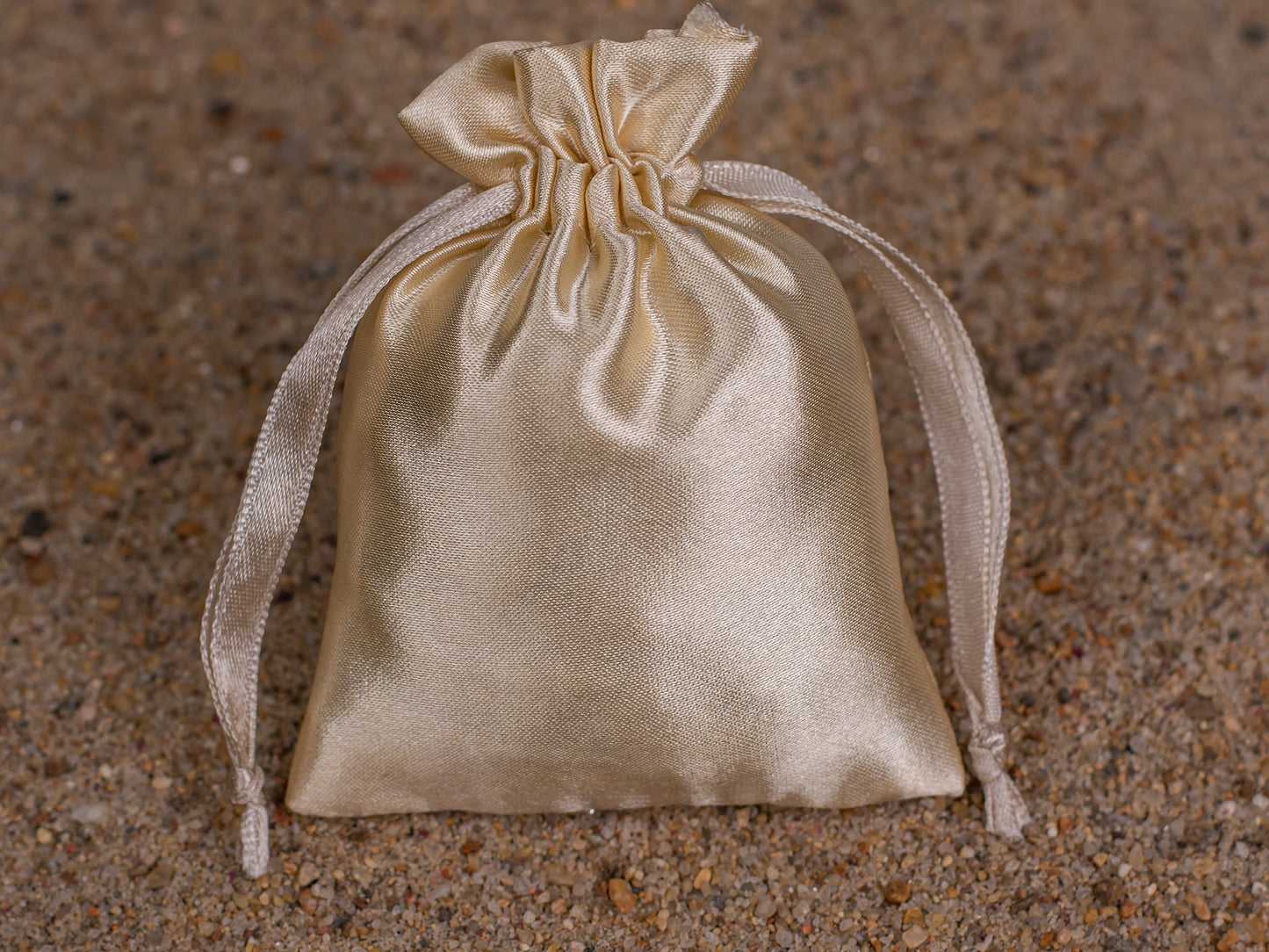 Pack of 100 - Beige Satin Drawstring Pouch With Logo in Wholesale & Bulk