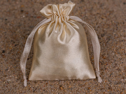 Pack of 100 - Beige Satin Drawstring Pouch With Logo in Wholesale & Bulk