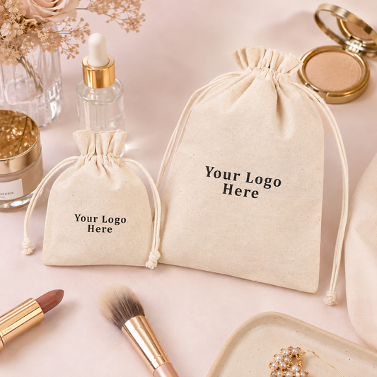 100pcs Natural Custom Cotton Cosmetic Pouches | Branded Drawstring Bags for Beauty Brands