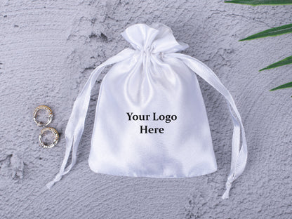 100pcs White Satin Drawstring Pouch With Logo in Wholesale & Bulk