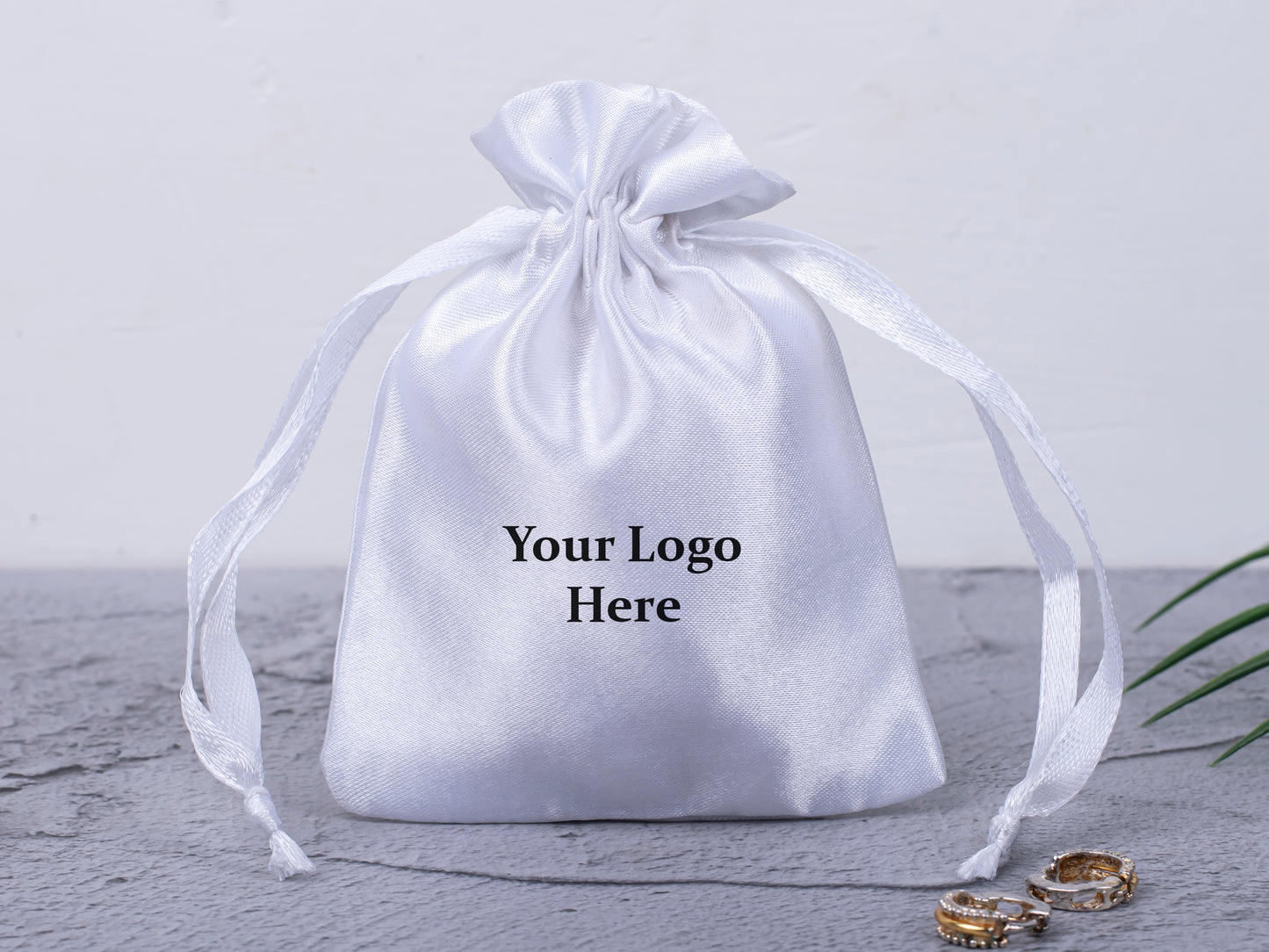 100pcs White Satin Drawstring Pouch With Logo in Wholesale & Bulk