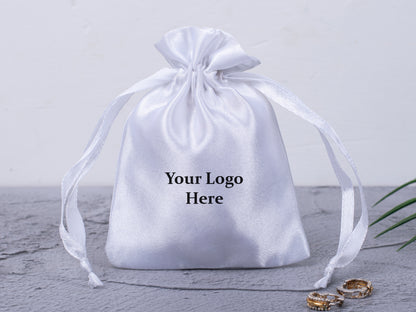 100pcs White Satin Drawstring Pouch With Logo in Wholesale & Bulk