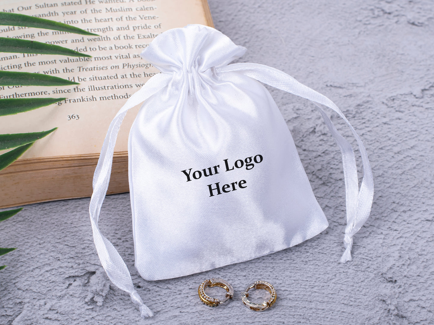 100pcs White Satin Drawstring Pouch With Logo in Wholesale & Bulk