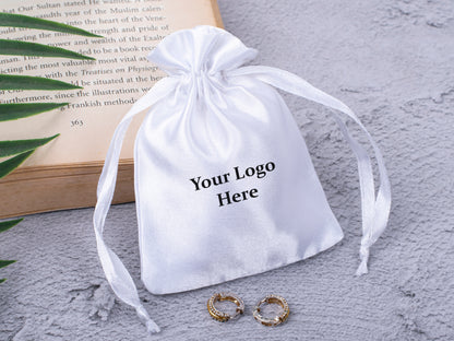 100pcs White Satin Drawstring Pouch With Logo in Wholesale & Bulk