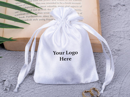 100pcs White Satin Drawstring Pouch With Logo in Wholesale & Bulk