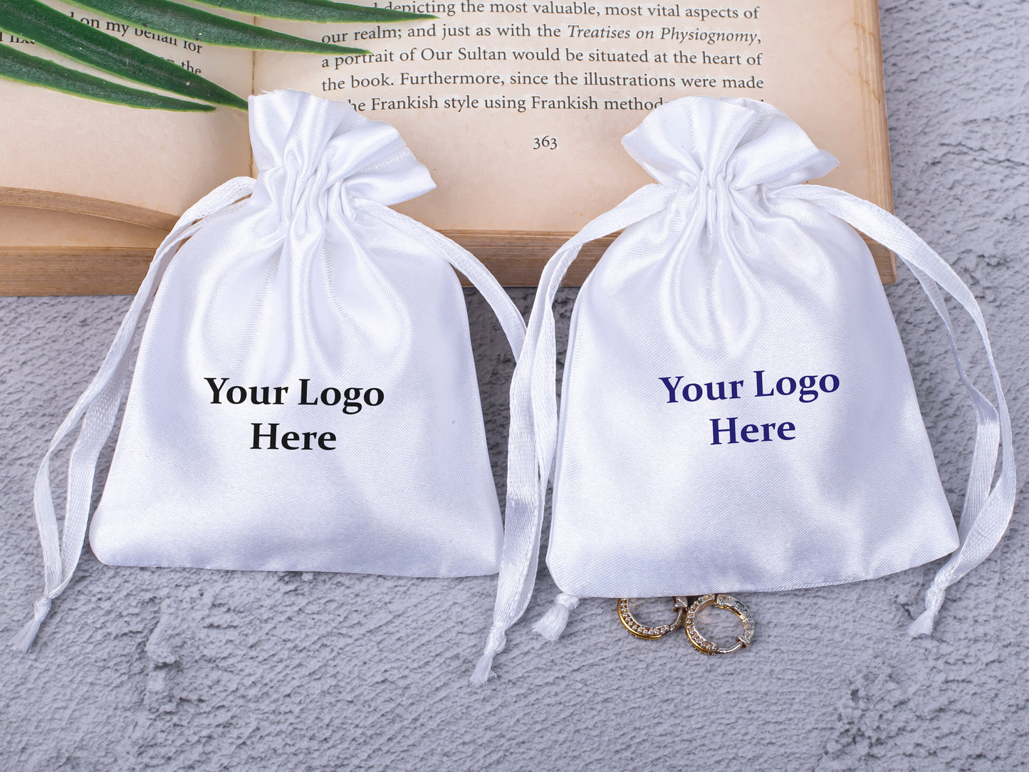 100pcs White Satin Drawstring Pouch With Logo in Wholesale & Bulk