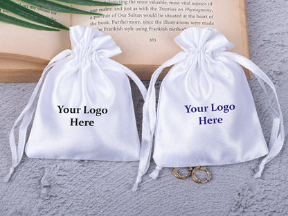 100pcs White Satin Drawstring Pouch With Logo in Wholesale & Bulk