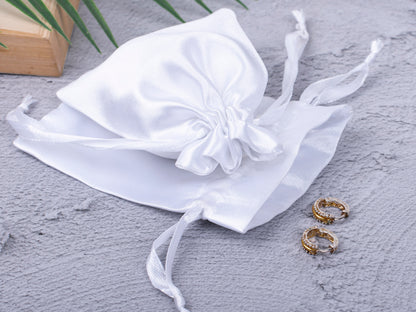 100pcs White Satin Drawstring Pouch With Logo in Wholesale & Bulk