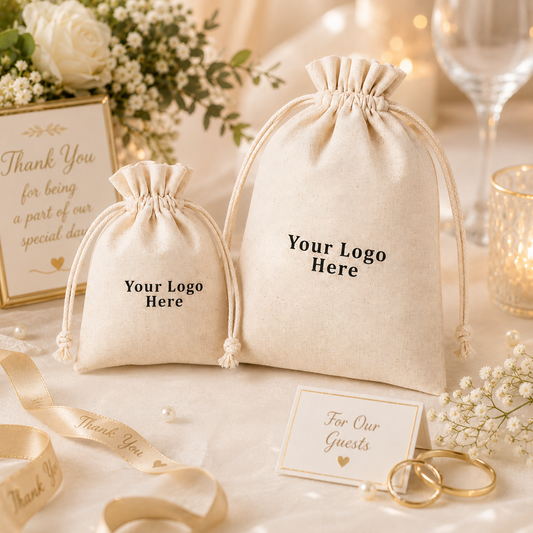 100pcs Natural Custom Cotton Wedding Favor Bags | Personalized Drawstring Pouches for Events