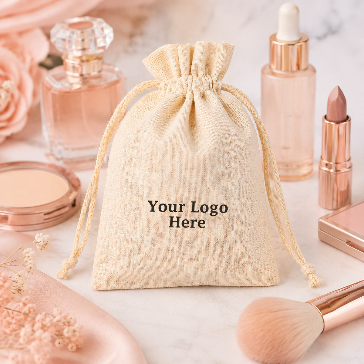 100pcs Custom Cosmetic Packaging Bags | Cotton Drawstring Pouches with Logo