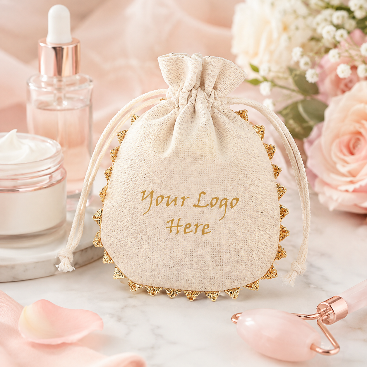 100pcs Custom Round Lace Cosmetic Pouches | Cotton Packaging Bags for Beauty Brands