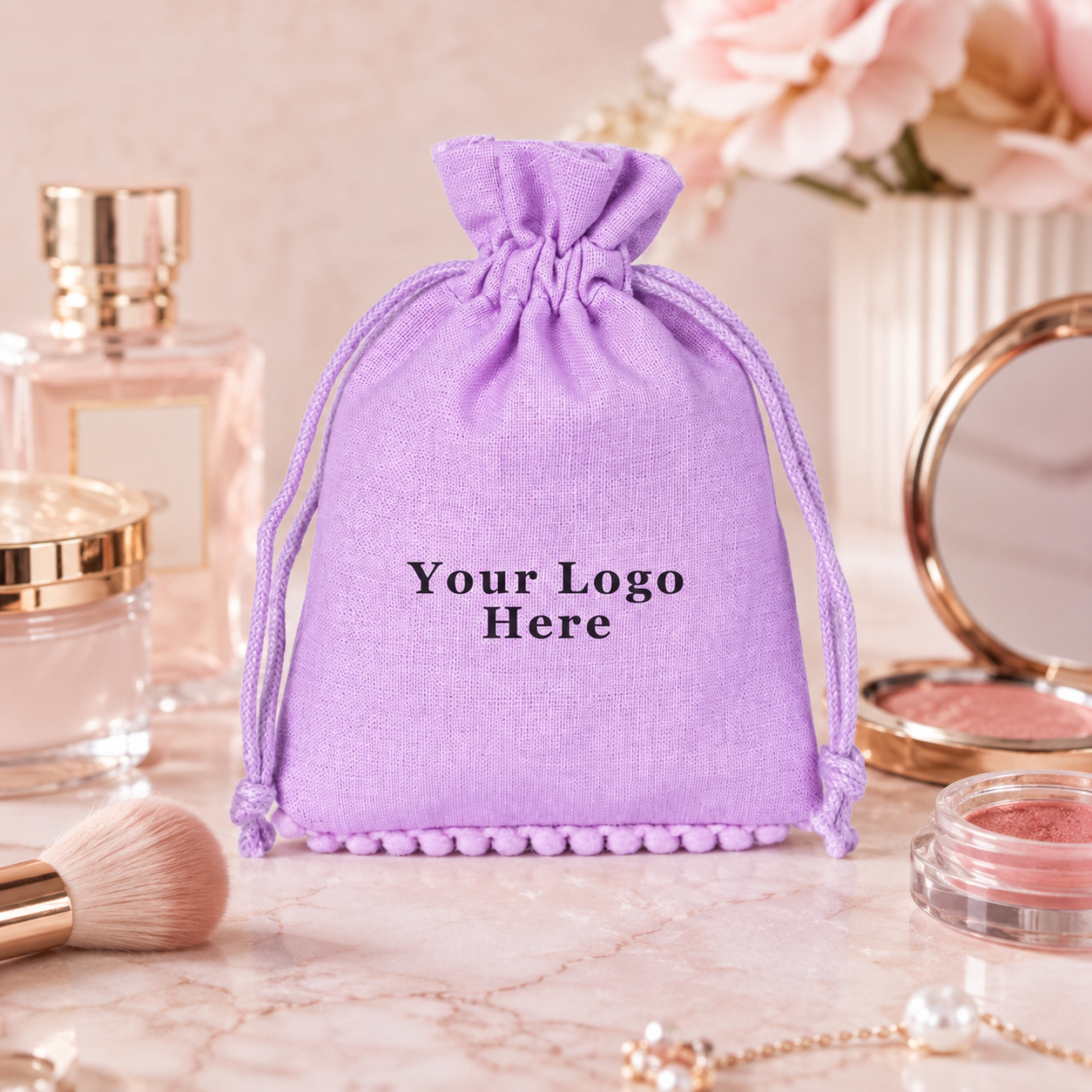100pcs Custom Cosmetic Packaging Pouches with Bottom Pompom | Cotton Drawstring Bags
