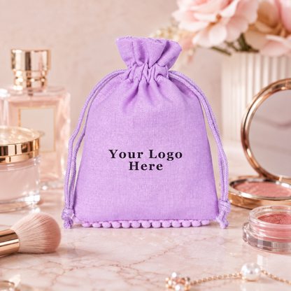 100pcs Custom Cosmetic Packaging Pouches with Bottom Pompom | Cotton Drawstring Bags