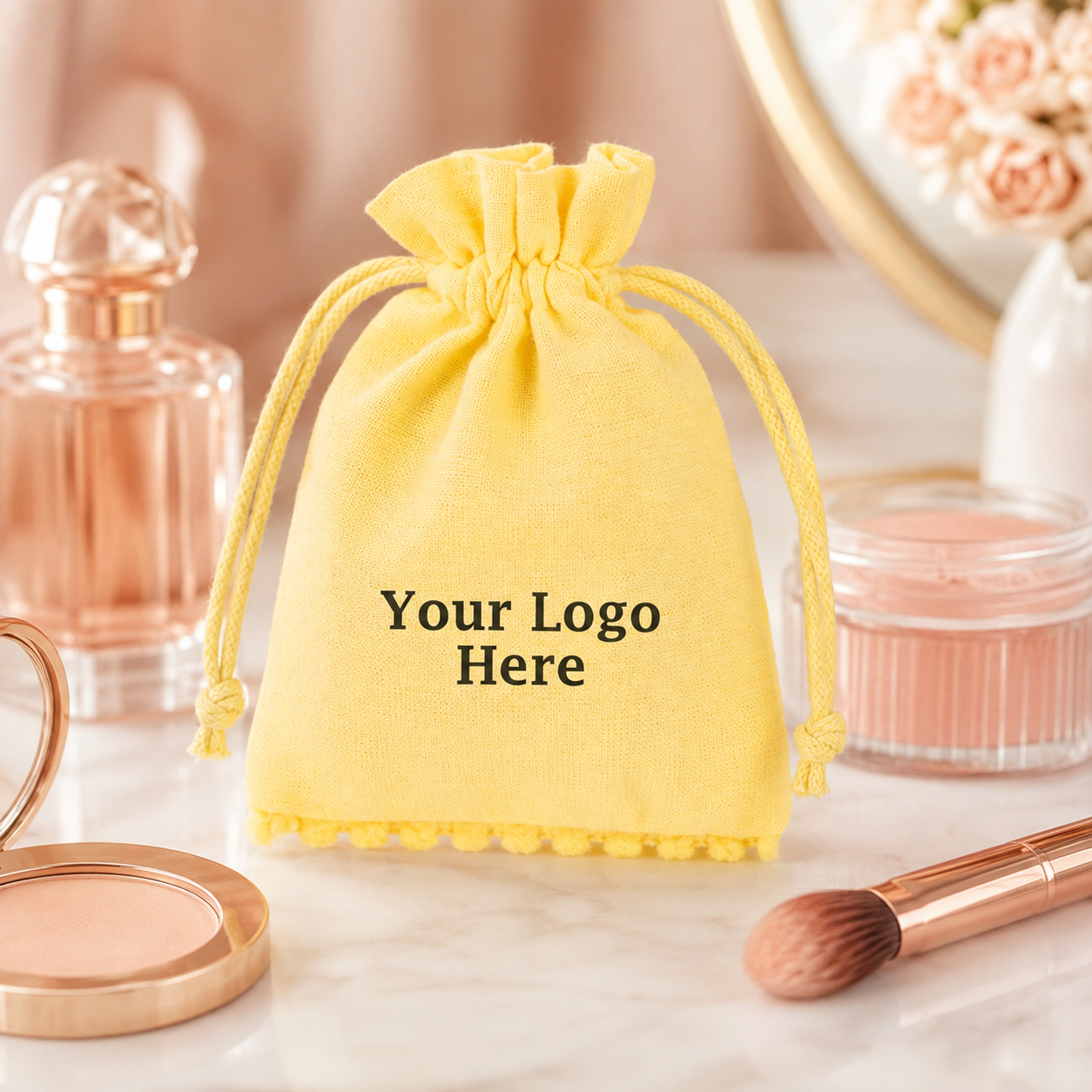 100pcs Yellow Premium Cotton Cosmetic Pouches | Bottom Pompom Packaging Bags for Beauty Brands