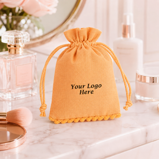 100pcs Branded Bottom Pompom Cosmetic Bags | Custom Cotton Packaging Pouches