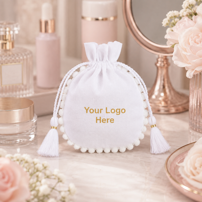 100pcs Custom Logo Cotton Cosmetic Pouches | Round Pompom with Tassel Drawstring Packaging Bags