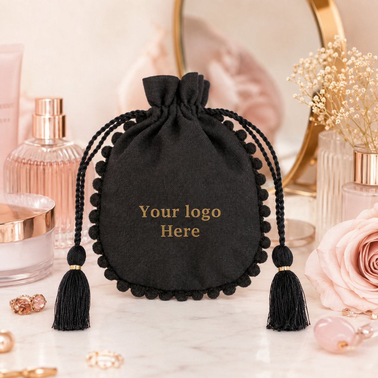 100pcs Wholesale Round Pompom with Tassel Cosmetic Pouches | Custom Cotton Bags for Beauty Businesses