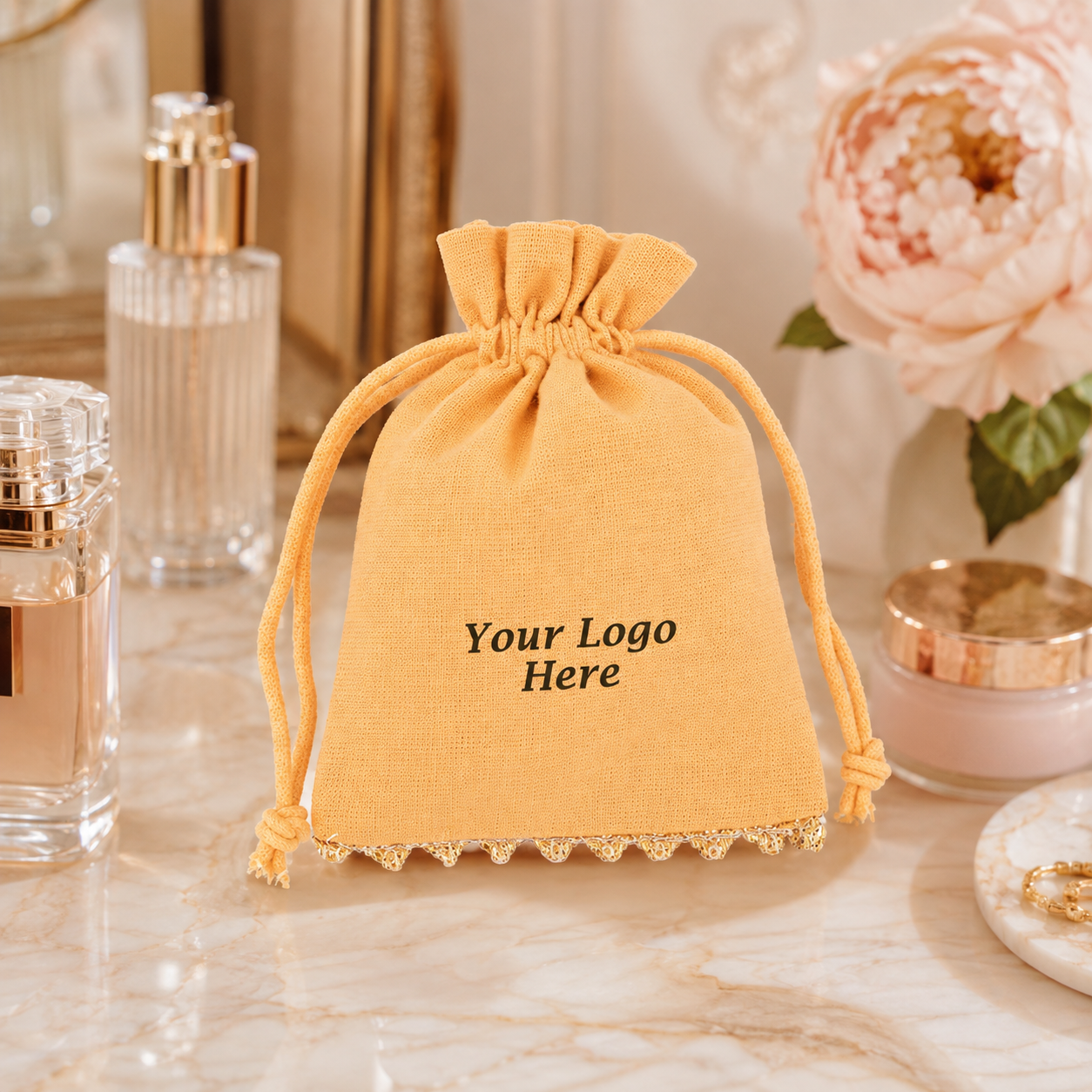 100pcs Branded Bottom Lace Cosmetic Bags | Custom Cotton Packaging Pouches