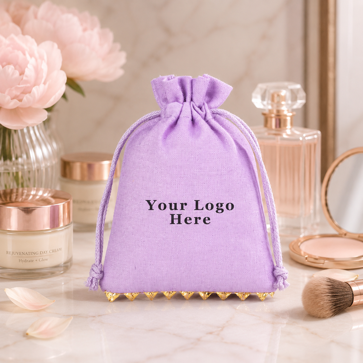 100pcs Branded Bottom Lace Cosmetic Bags | Custom Cotton Packaging Pouches